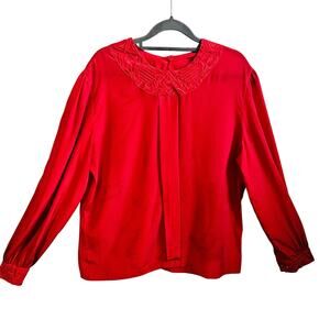 Vintage Gailord Women's 16 Long Sleeve Embroidered Neck Top Solid Bright Red